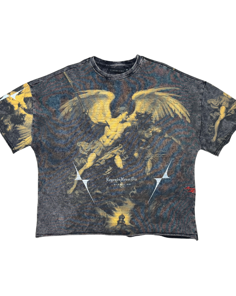 T-shirt with angel and winged figure design on a white background