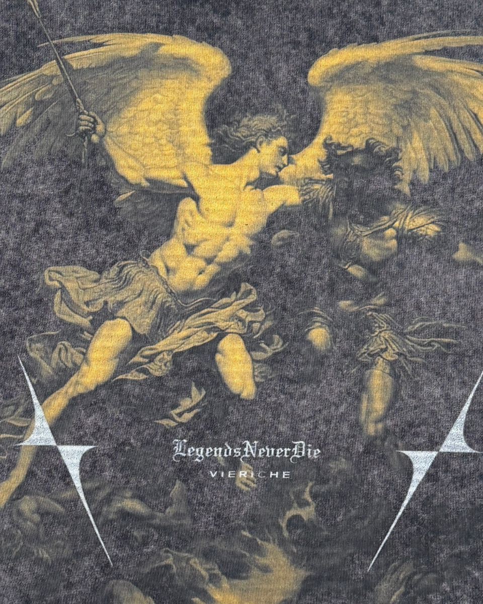 Tee with angel and demon illustration and 'Legends Never Die' text