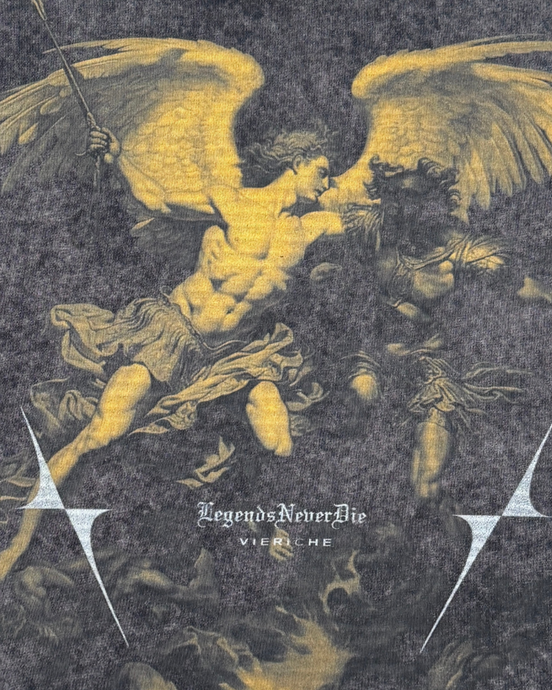 Tee with angel and demon illustration and 'Legends Never Die' text