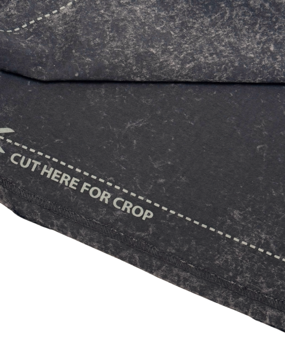 Dark gray fabric with a 'Cut Here for Crop' label on a white background