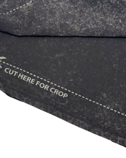 Dark gray fabric with a 'Cut Here for Crop' label on a white background