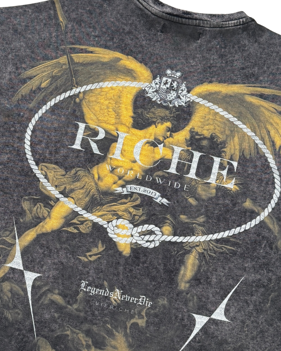 T-shirt with angel graphic and 'Richie' branding on a dark background