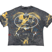 T-shirt with artistic design and 'Riche' branding on a white background