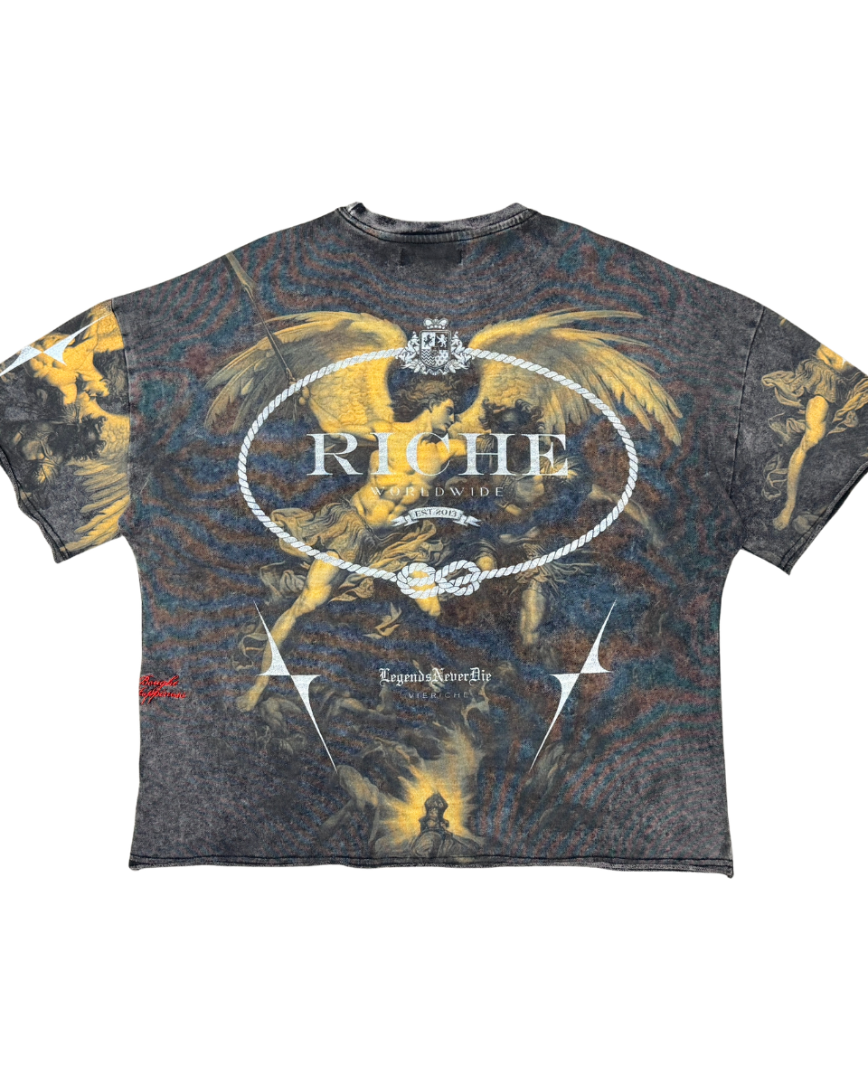 T-shirt with artistic design and 'Riche' branding on a white background