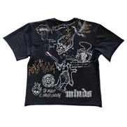 Black t-shirt with graphic designs and text on a white background