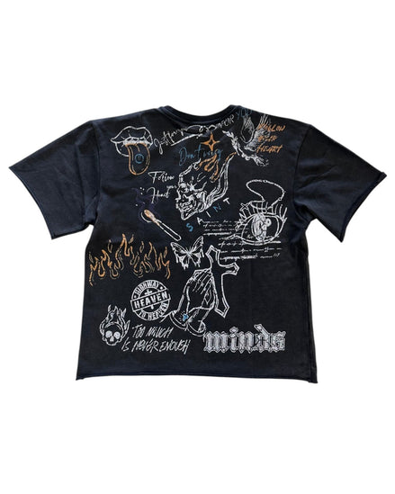 Black t-shirt with graphic designs and text on a white background