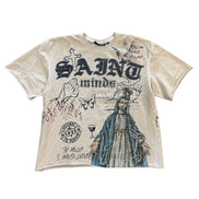 Beige t-shirt with graphic design on a white background