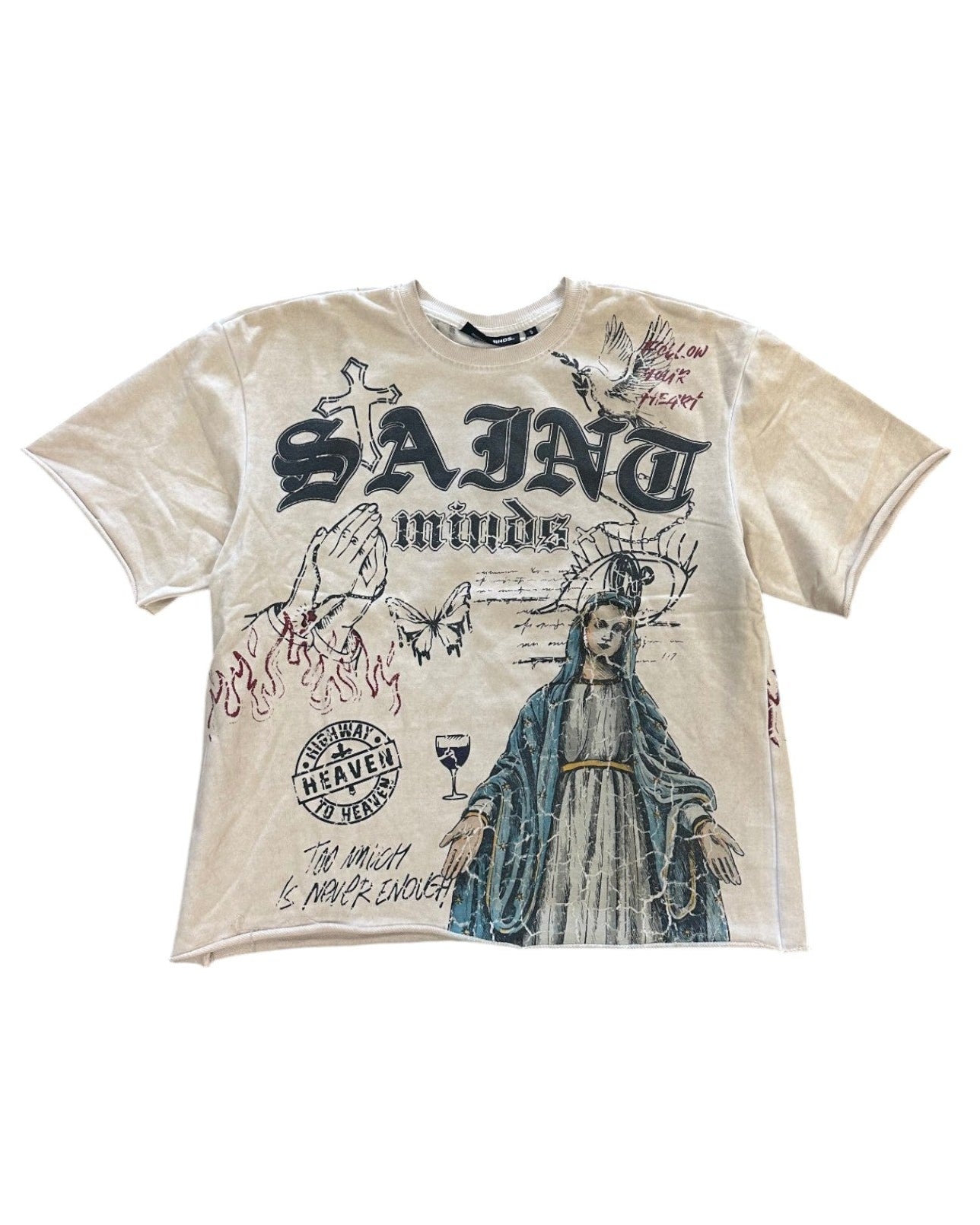 Beige t-shirt with graphic design on a white background