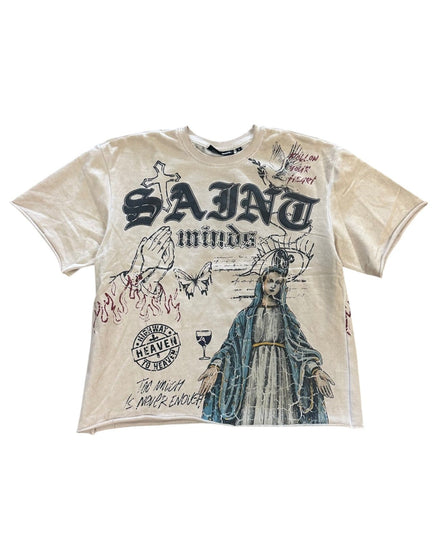 Beige t-shirt with graphic design on a white background