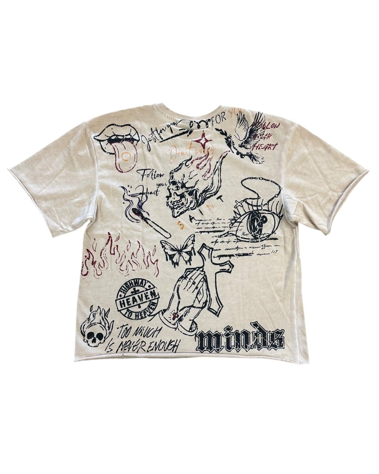 Beige t-shirt with graphic designs and text on a white background