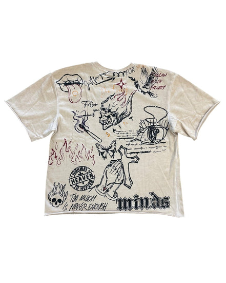 Beige t-shirt with graphic designs and text on a white background