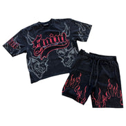 Black t-shirt and shorts set with red graphics on a white background