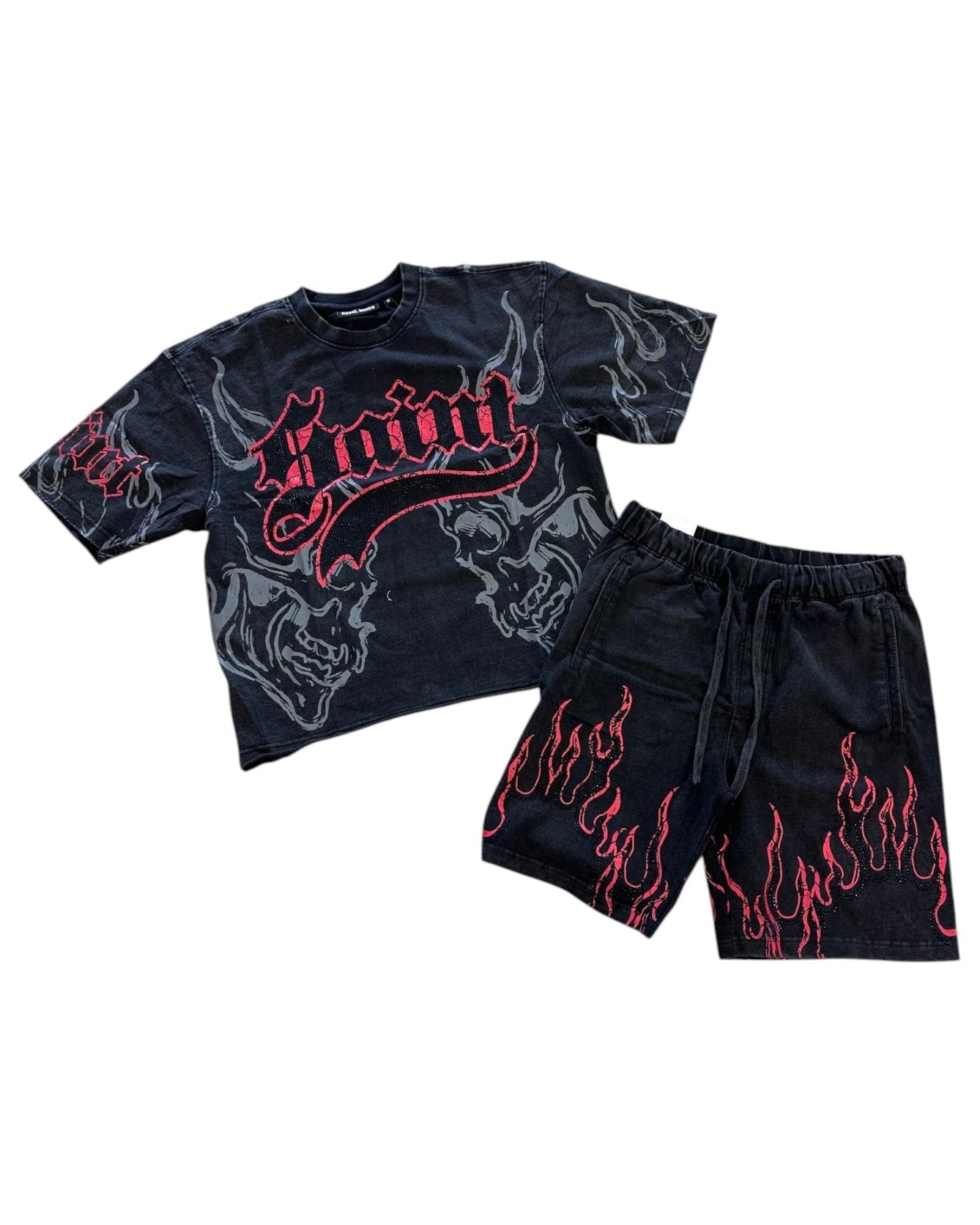 Black t-shirt and shorts set with red graphics on a white background