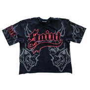 Black t-shirt with red and white graphic design on a white background