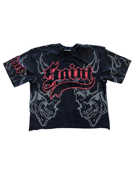 Black t-shirt with red and white graphic design on a white background