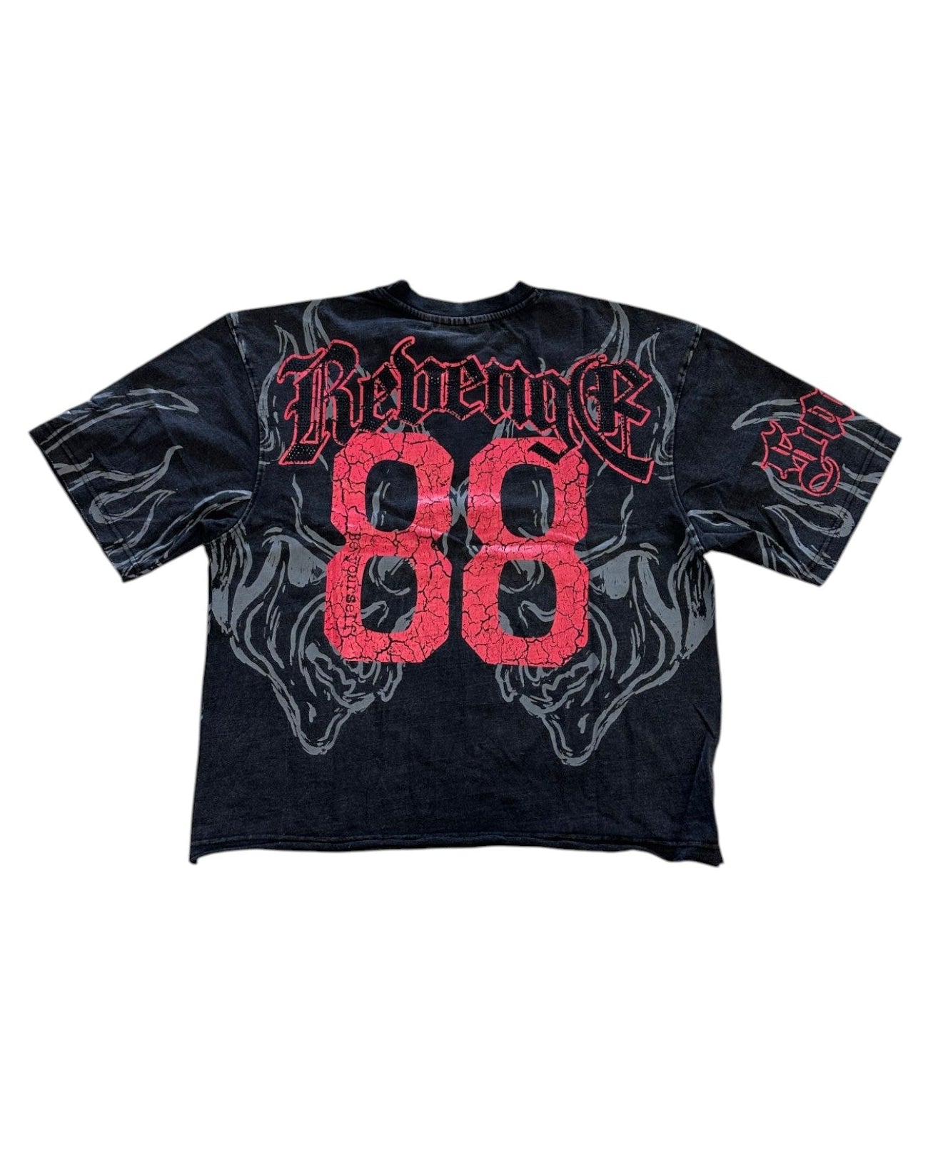Black t-shirt with red text and graphics on a white background