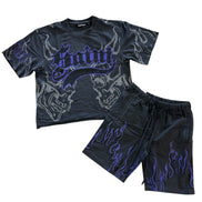 Black t-shirt and shorts set with purple and white graphics on a white background