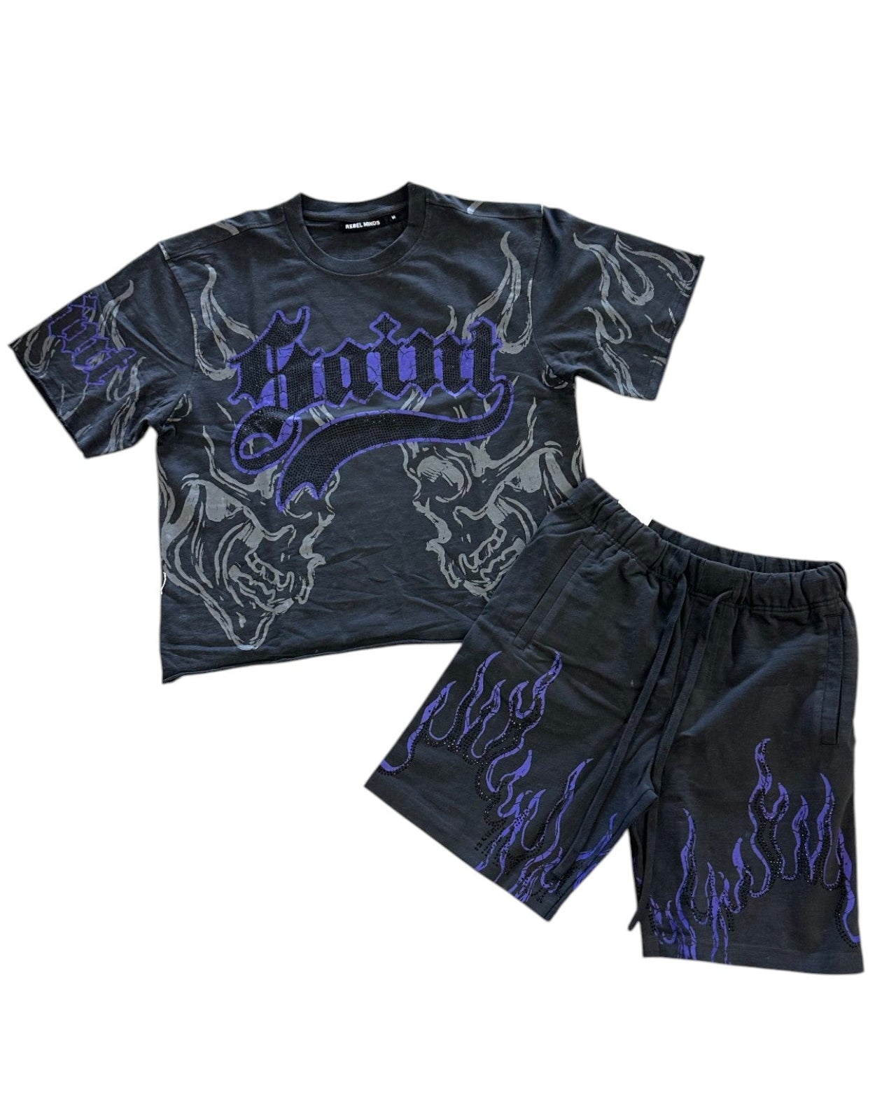Black t-shirt and shorts set with purple and white graphics on a white background