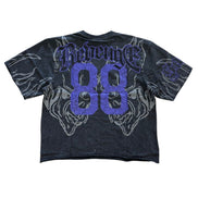 Black t-shirt with purple text and design on a white background