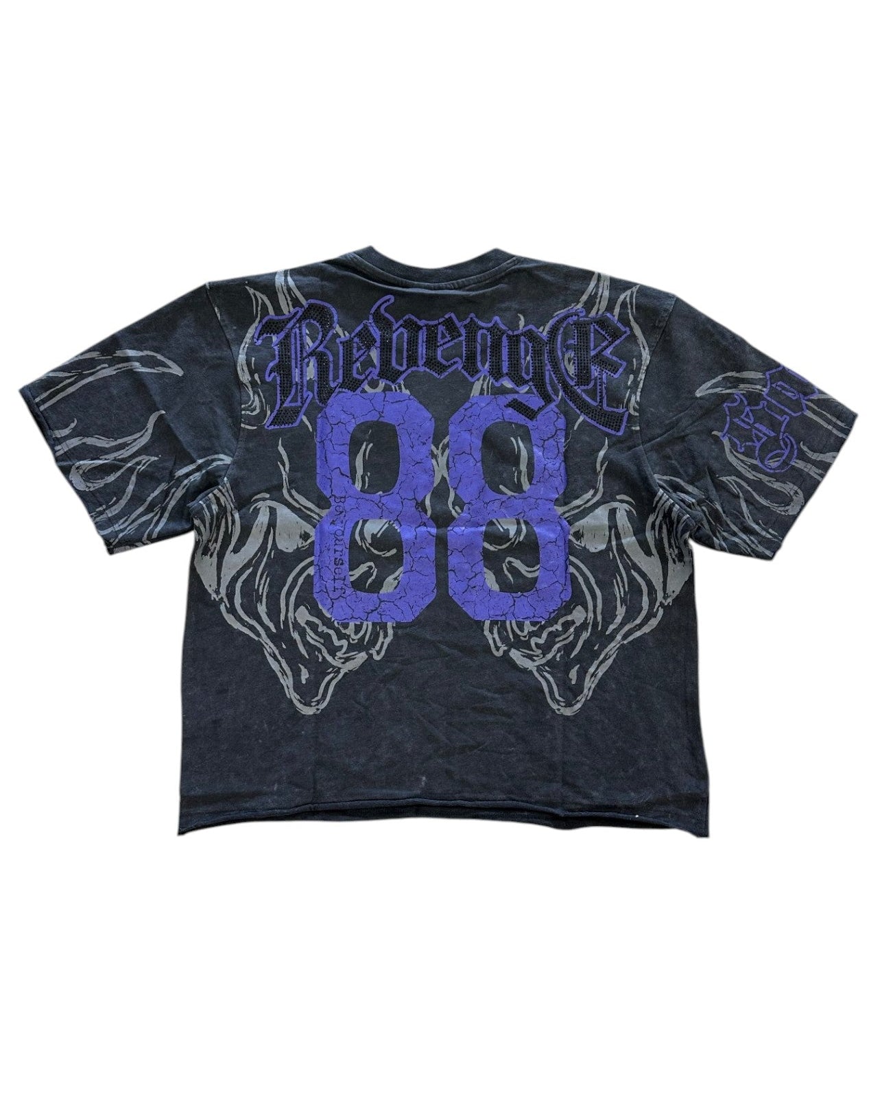Black t-shirt with purple text and design on a white background