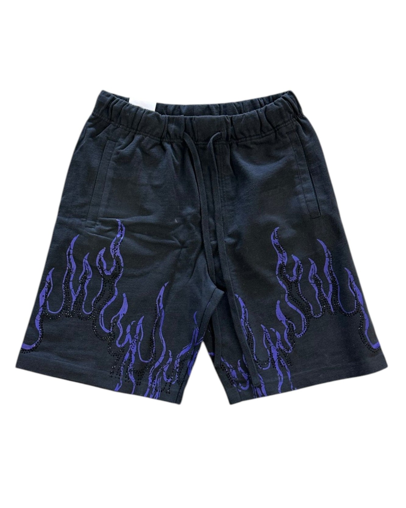 Black shorts with purple flame patterns on a white background