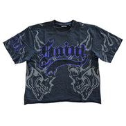 Black t-shirt with blue graphic design on a white background