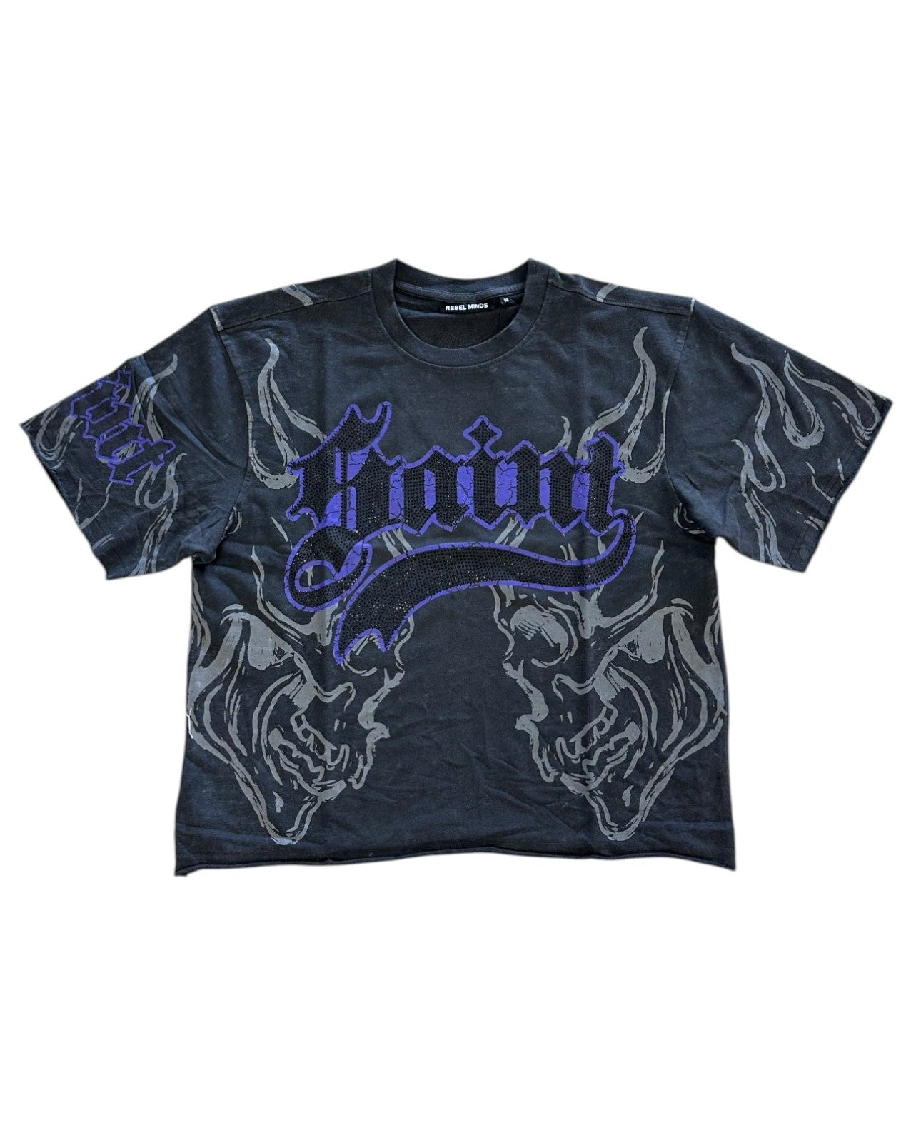 Black t-shirt with blue graphic design on a white background