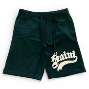 Olive shorts with a white logo on a white background