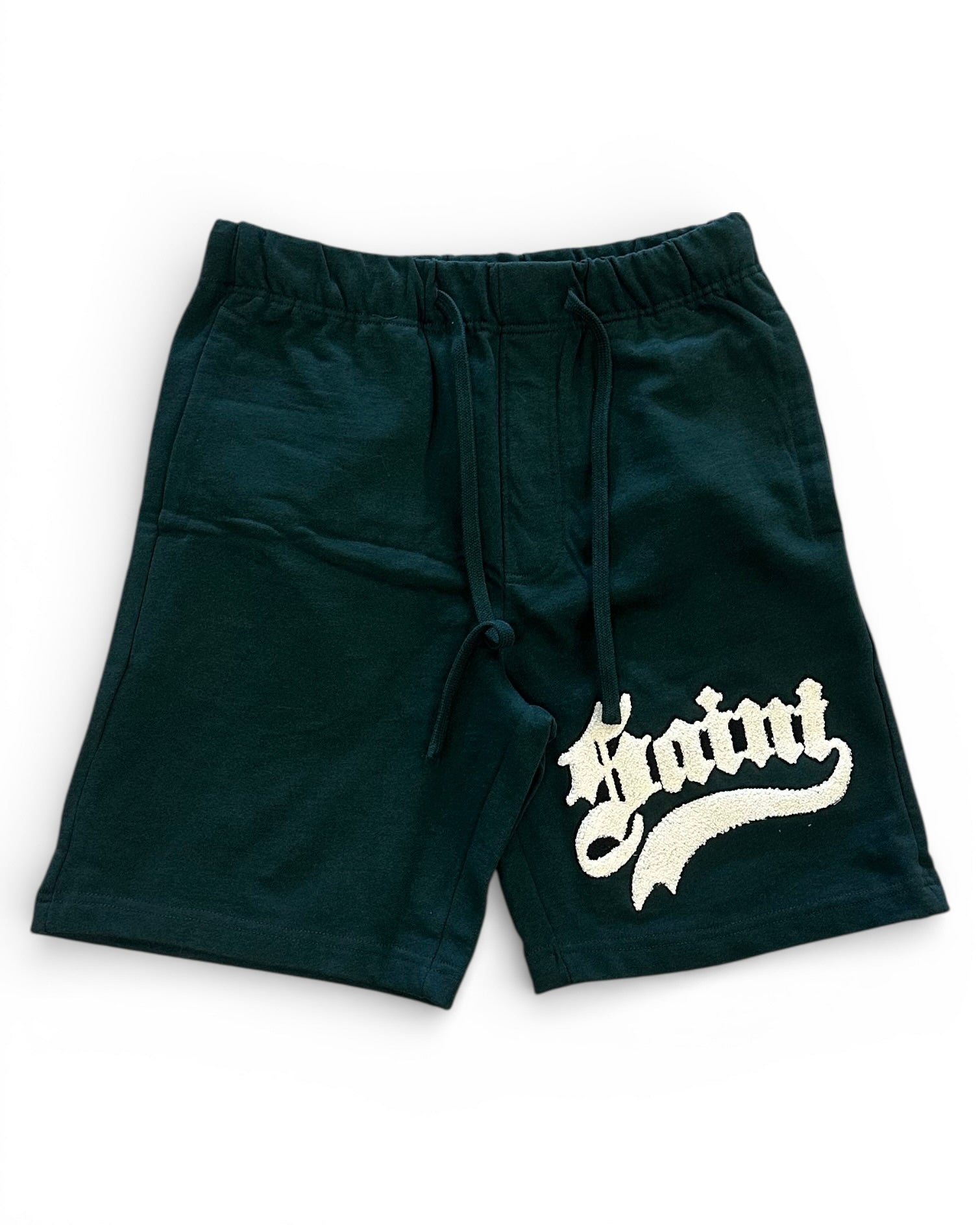 Olive shorts with a white logo on a white background
