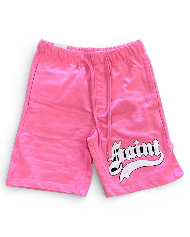Pink shorts with a logo on a white background