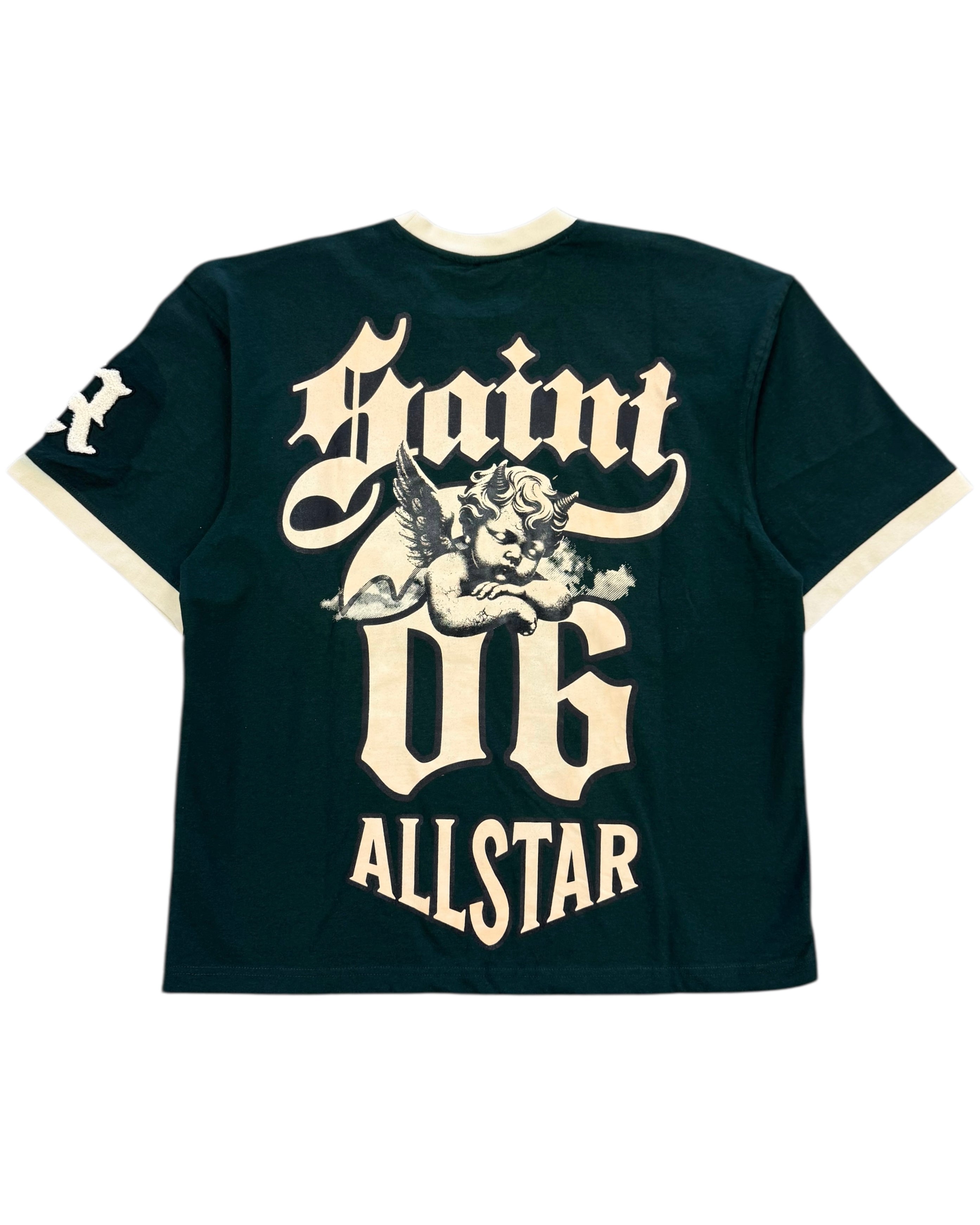 GREEN t-shirt with white text and graphic design on a white background