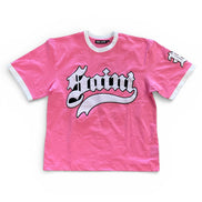 Pink t-shirt with a logo on a white background