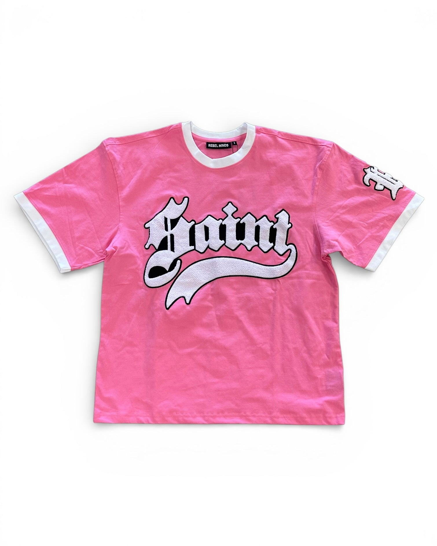 Pink t-shirt with a logo on a white background