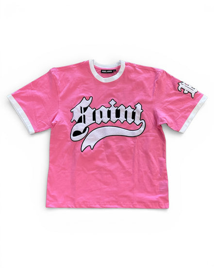 Pink t-shirt with a logo on a white background