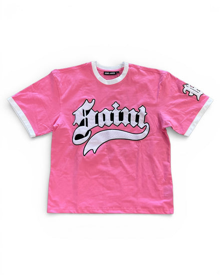 Pink t-shirt with a logo on a white background