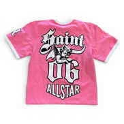 Pink t-shirt with graphic design and text on a white background