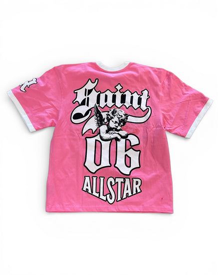 Pink t-shirt with graphic design and text on a white background