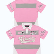 Pink polo shirt with gray accents and brand logo on a white background