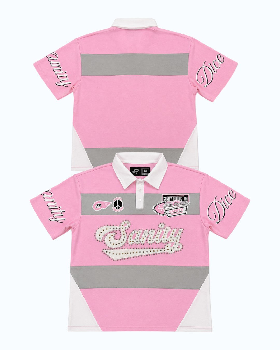 Pink polo shirt with gray accents and brand logo on a white background