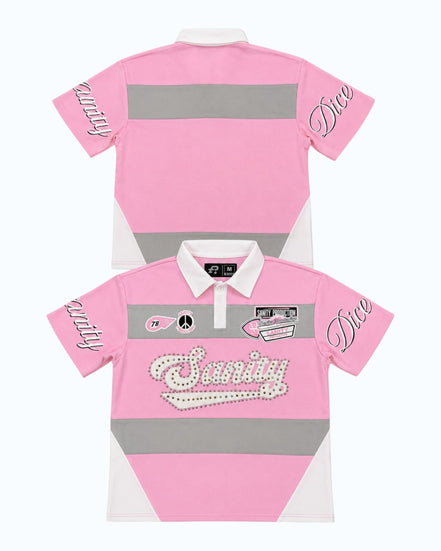 Pink polo shirt with gray accents and brand logo on a white background
