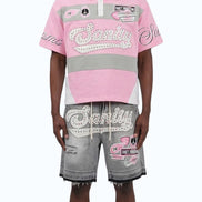 Person wearing a pink and gray outfit with 'Sanity' branding on a white background