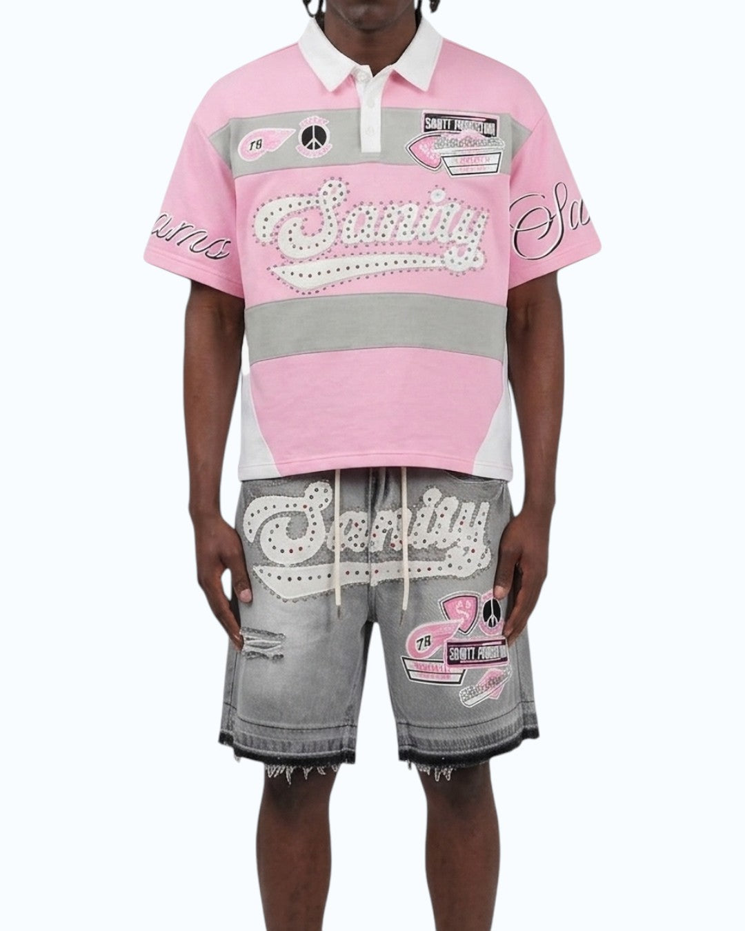 Person wearing a pink and gray outfit with 'Sanity' branding on a white background