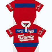 Red and white polo shirt with blue accents and text on a white background