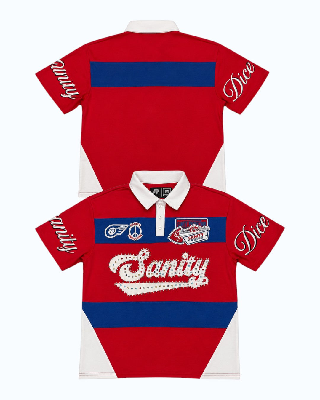 Red and white polo shirt with blue accents and text on a white background