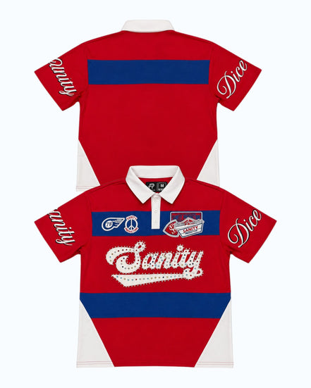 Red and white polo shirt with blue accents and text on a white background
