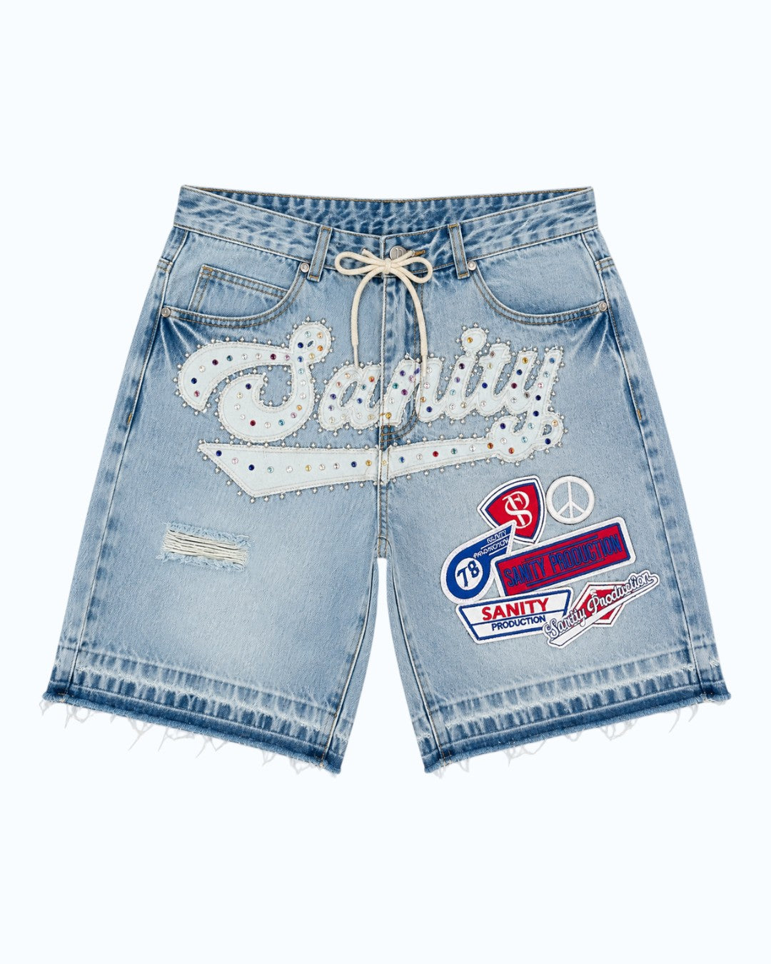 Light blue denim shorts with brand logos on a white background