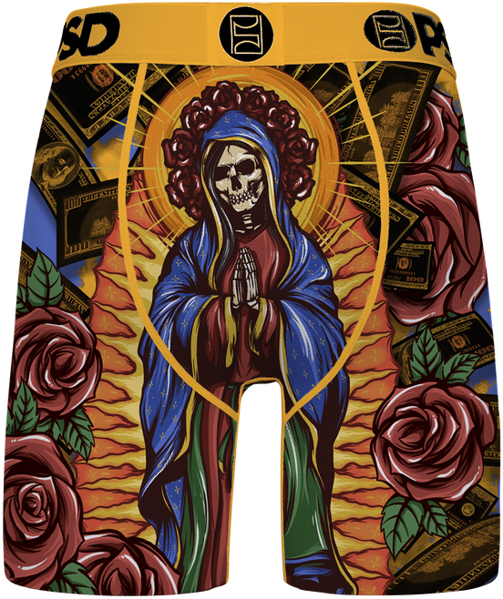 Boxer briefs with a design of a hooded figure with a skull face, surrounded by roses and money, on a yellow background.