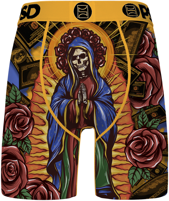 Boxer briefs with a design of a hooded figure with a skull face, surrounded by roses and money, on a yellow background.