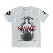 White t-shirt with graphic design and text on a white background