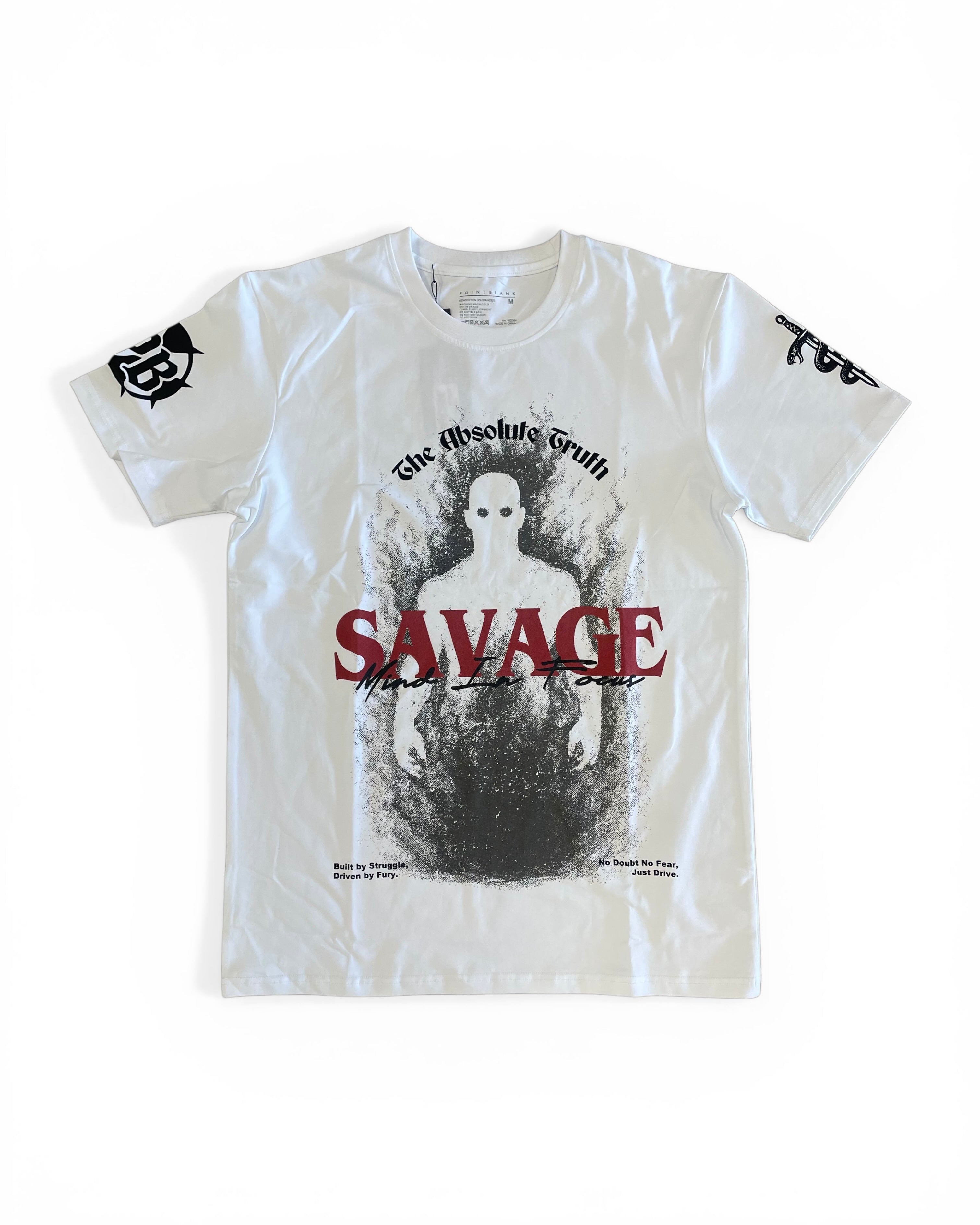 White t-shirt with graphic design and text on a white background